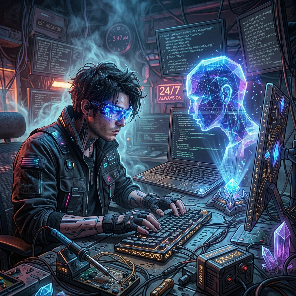 Young cyberpunk hacker wearing glowing glasses typing on a keyboard with a holographic AI avatar beside multiple computer screens